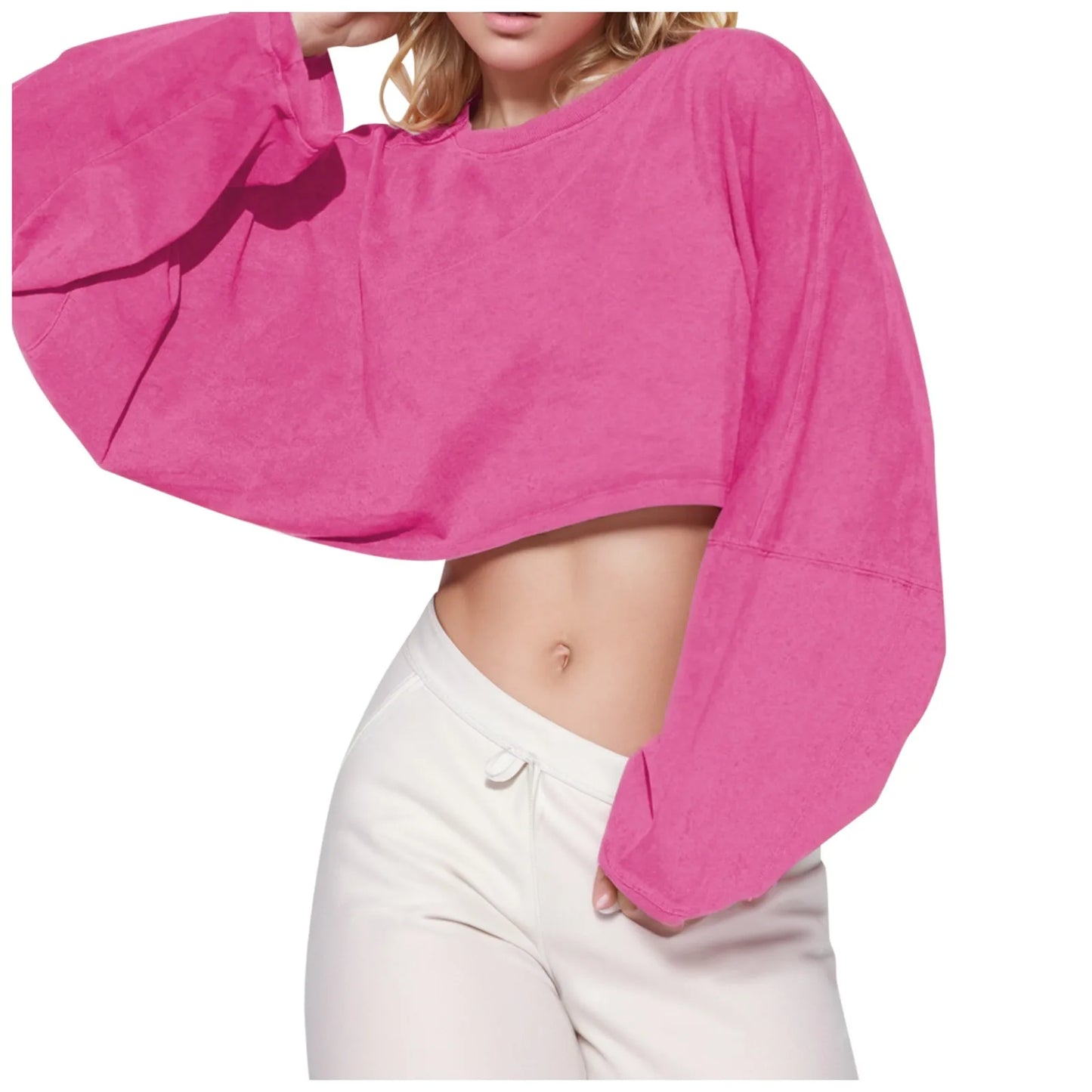 New Fashion Cropped Top Women'S Crew Neck Loose Short Sport Base T Shirt Long Sleeve Plus Size Blouse Womens Streetwear Fitted