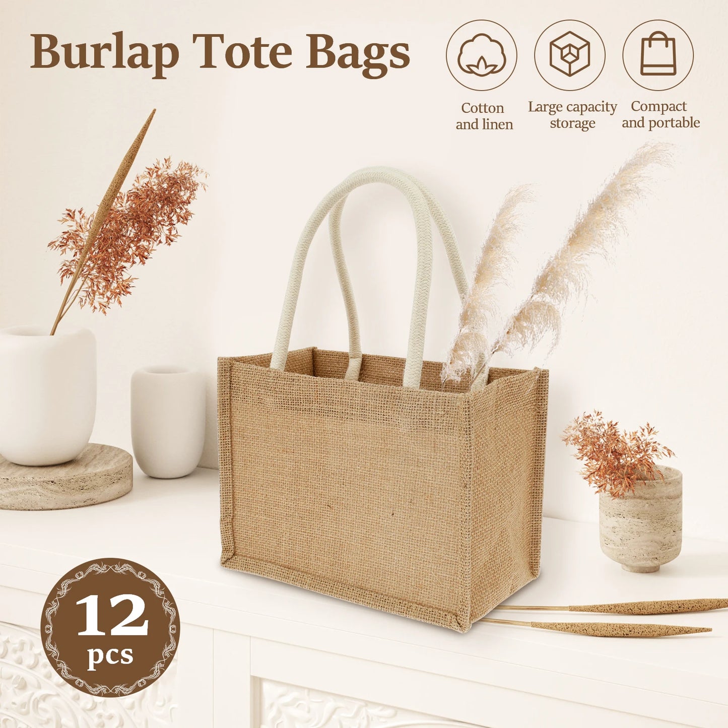 12/4PCS Burlap Tote Bags Mini Burlap Beach Bags with Handles Portable Jute Tote Bag Reusable Burlap Gift Bag Multipurpose Burlap