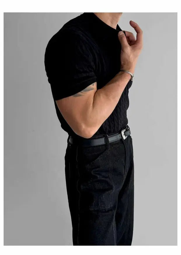 American Sle Hard Man Knitted  irt Muscle Men Slim Fit Elastic ort Sve Turn-down Collar Sweatirt Tight Sve ...