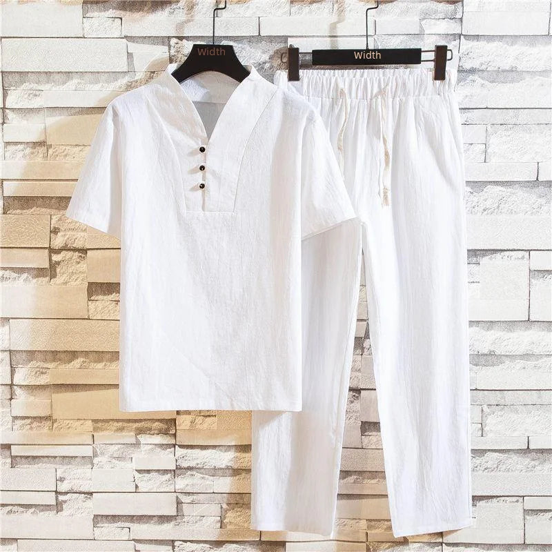 Chinese Style Linen Suit Men's Summer Short Sleeve Hanfu Ancient Buddhist System Zhenshi V-neck T-shirt Cotton Linen 2-piece Set