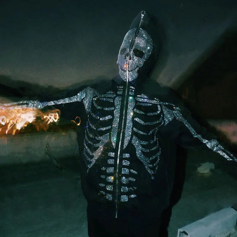 Gothic Long Sleeve Rhinestone Skeleton Hoodie Y2k Jacket Men Hoodies Oversized Full Zip Hoodie Goth Sweatshirt Sport Coat Autumn