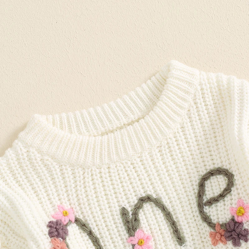 2024-05-23 Lioraitiin Newborn Baby Girl Birthday Sweater Casual Floral Letter Embroidery Warm Knitted Pullover Infant Knitwear