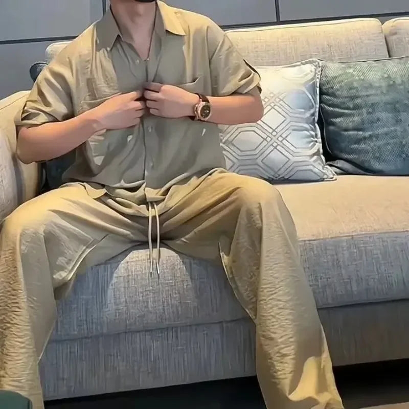 Plain T-shirts Pants Suits for Men Nylon Regular Fit 2025 Trend Two Piece Set Korean Style Loose Novelty in Man Trousers Sets