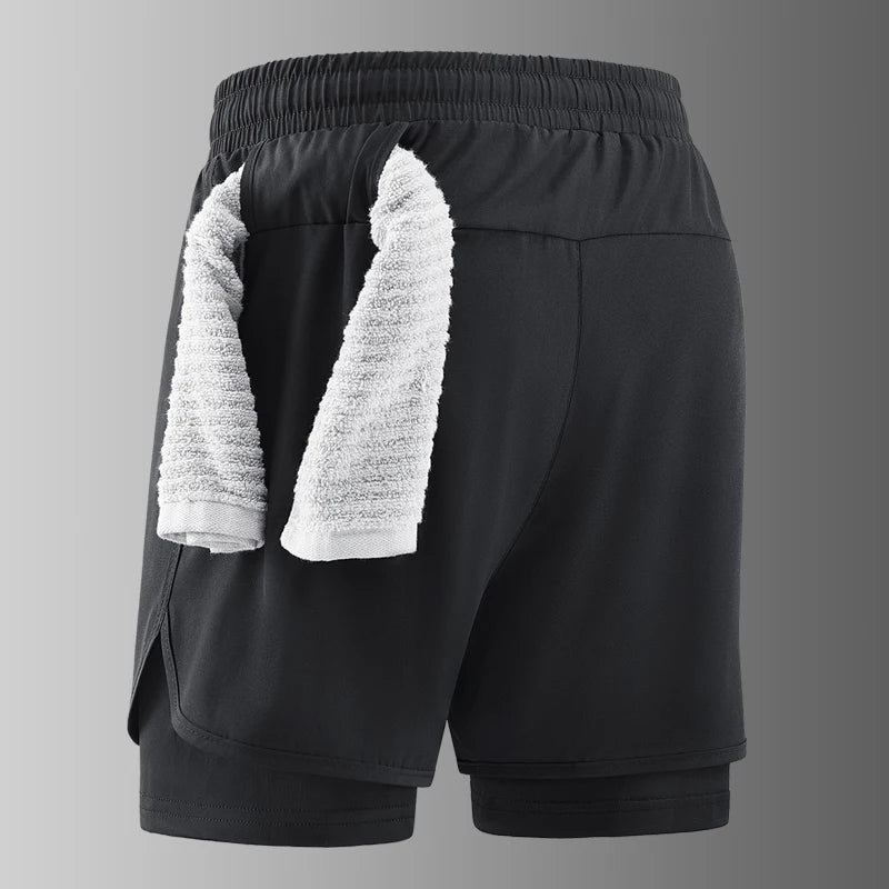 Men's Double Layer Fitness Shorts Men Fitness Gym Training 2 in 1 Sports Shorts Quick Dry Workout Jogging Double Deck Summer