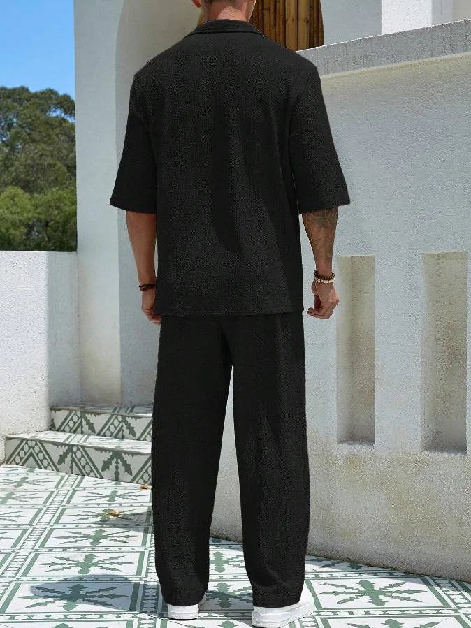 2025 Europe and the United States men's new spring half-sleeve shirt pants solid color suit V-neck design