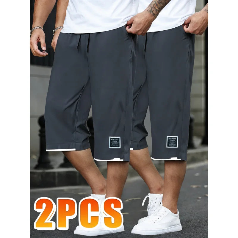 2 Pieces Of Men's Running Casual Lace-Up Cropped Pants Summer Outdoor Sports Basketball Shorts Ventilate Sweatsuit Beach Gym