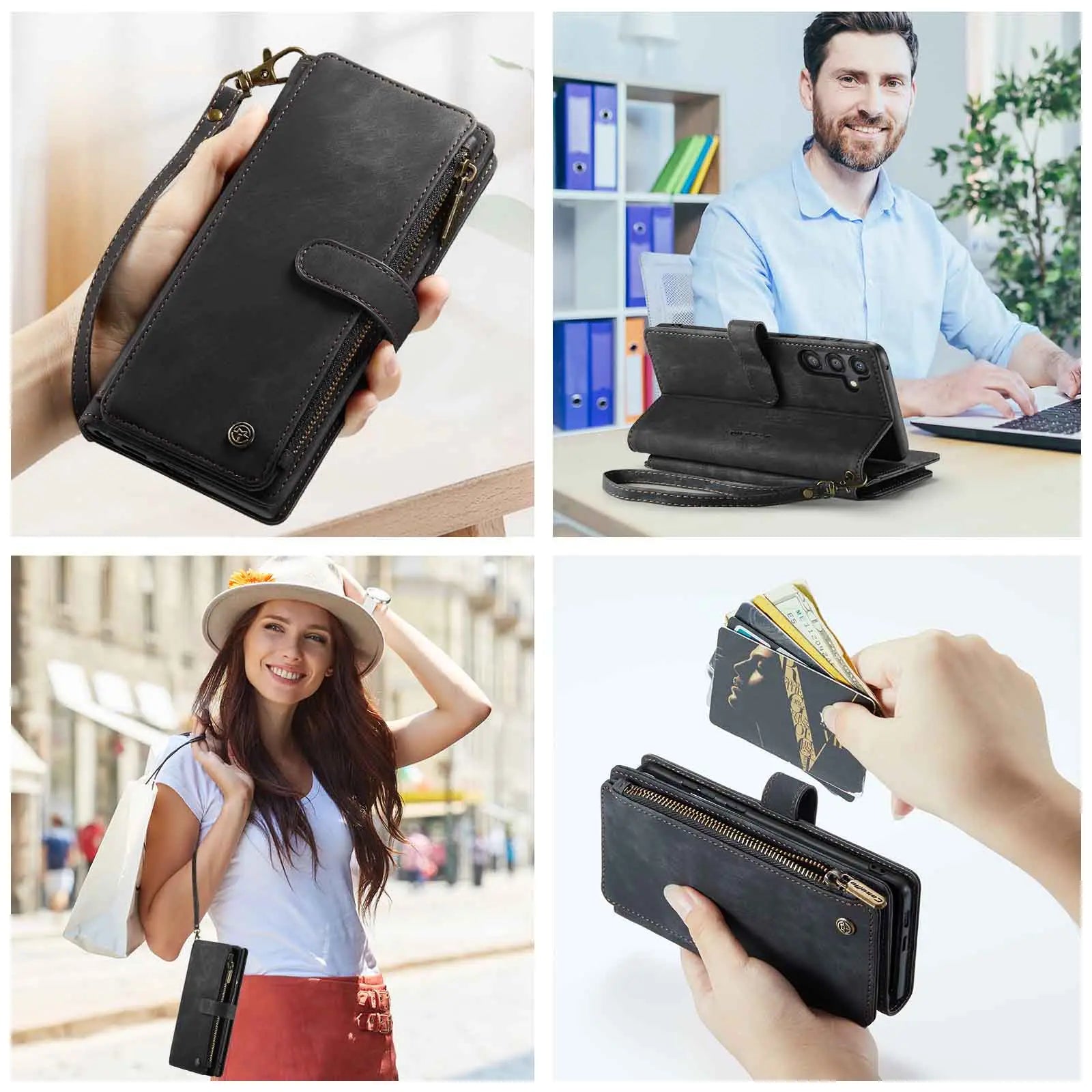 for Samsung Galaxy A55 A35 A25 5G (2024) Wallet Case, Durable PU Leather Magnetic Flip Strap Wristlet Zipper Card Holder Cover
