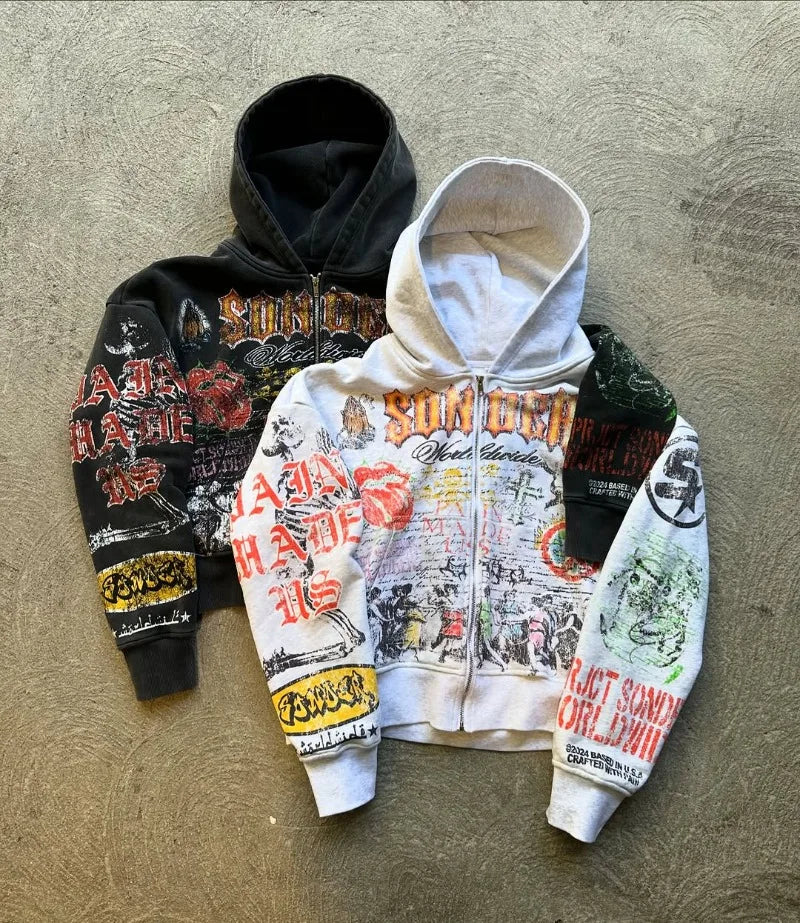 Y2k American Fashion Personality Versatile Anime Printed Zipper Hoodie Men Vintage Goth Dark Style Oversized Sweatshirt Women