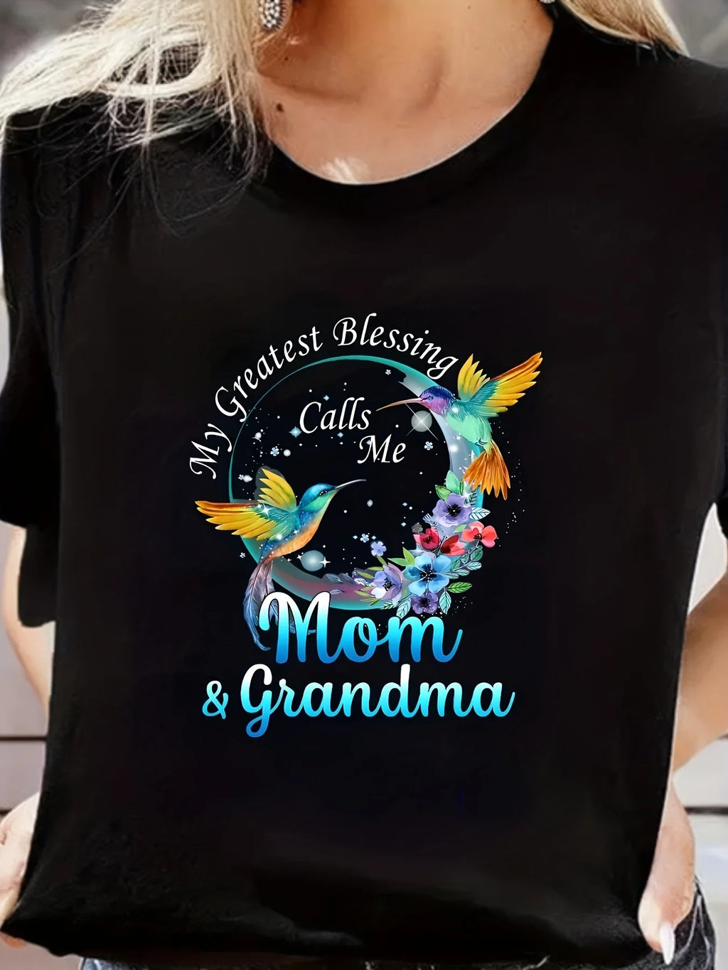 Women's "My Greatest Blessing Calls Me Mom & Grandma" Floral Print T-Shirt