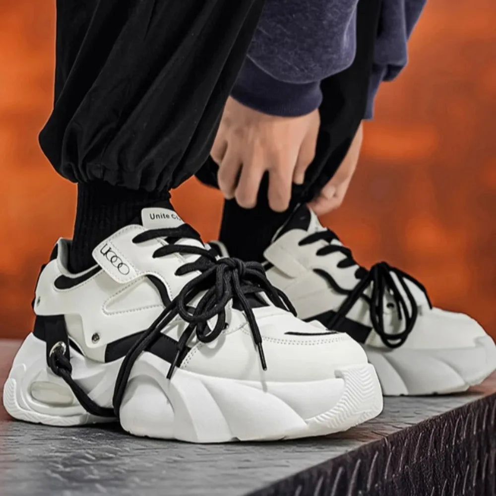 Men's Sports Shoes Fashionable Glossy Color-matched Street Trend Brand Design Thick Sole Flat Heel Lace-up Casual Shoes