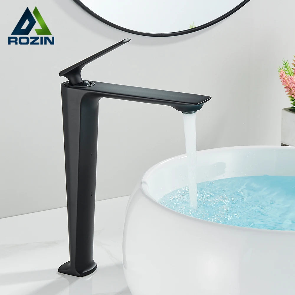 Rozin Matte Black Basin Faucet Deck Mounted Brass Bathroom Sink Faucets Single Lever Bathroom Crane Hot Cold Water Mixer Taps