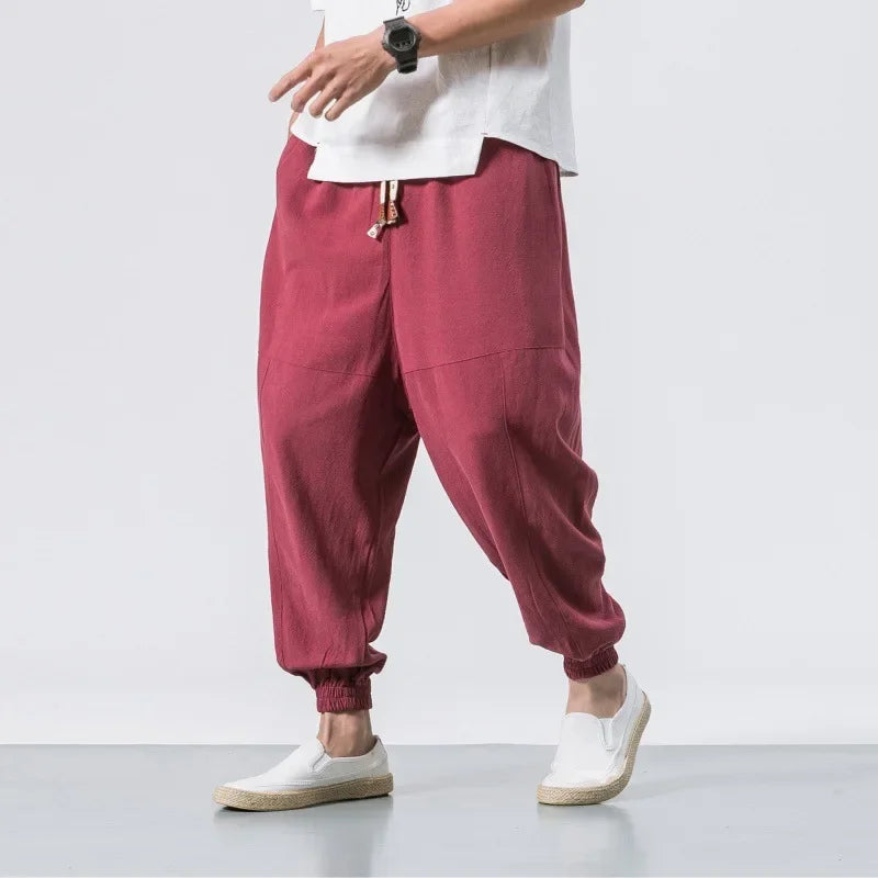 2024 Japanese Style Cotton Linen Pants Plus Size Chinese Style Men's Casual Pants Youth Fashionable Small Feet Harem Pants Whole