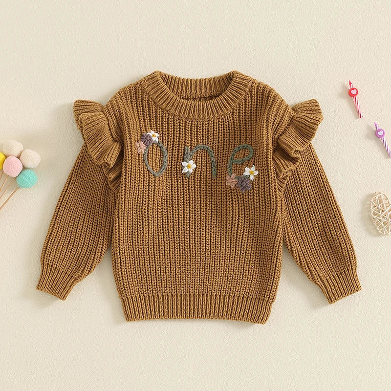 2024-05-23 Lioraitiin Newborn Baby Girl Birthday Sweater Casual Floral Letter Embroidery Warm Knitted Pullover Infant Knitwear