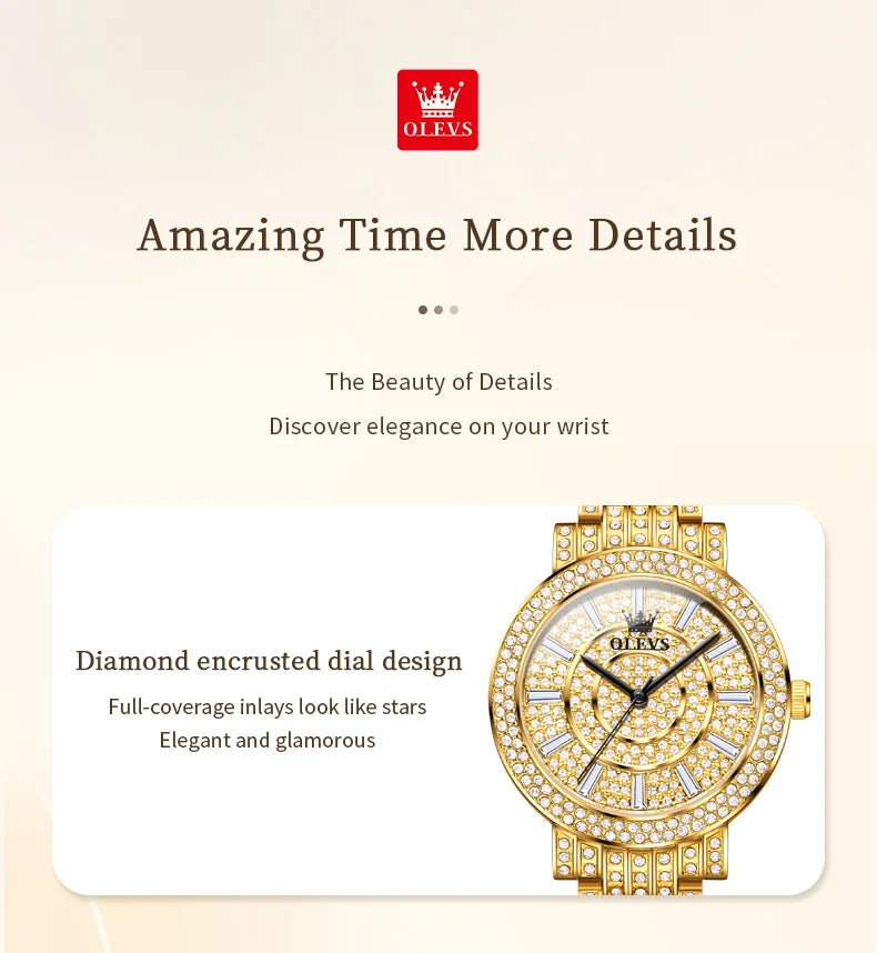 OLEVS Women's Watches Luxury Elegant Full Diamonds Original Quartz Watch for Man Waterproof Stainless Steel Gift Box Bracelet