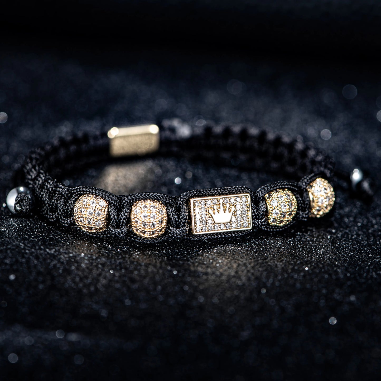New Men's Adjustable Black Braided Crown Design Bracelet with Sparkling Synthetic Zirconia Stones Elegant GoldenTone Rectangular