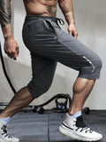 Men's Summer Casual Sports Shorts High Elastic Waist Drawstring Cropped Pants Seven Running Basketball Beach Sweatsuit Black