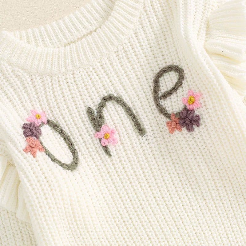 2024-05-23 Lioraitiin Newborn Baby Girl Birthday Sweater Casual Floral Letter Embroidery Warm Knitted Pullover Infant Knitwear