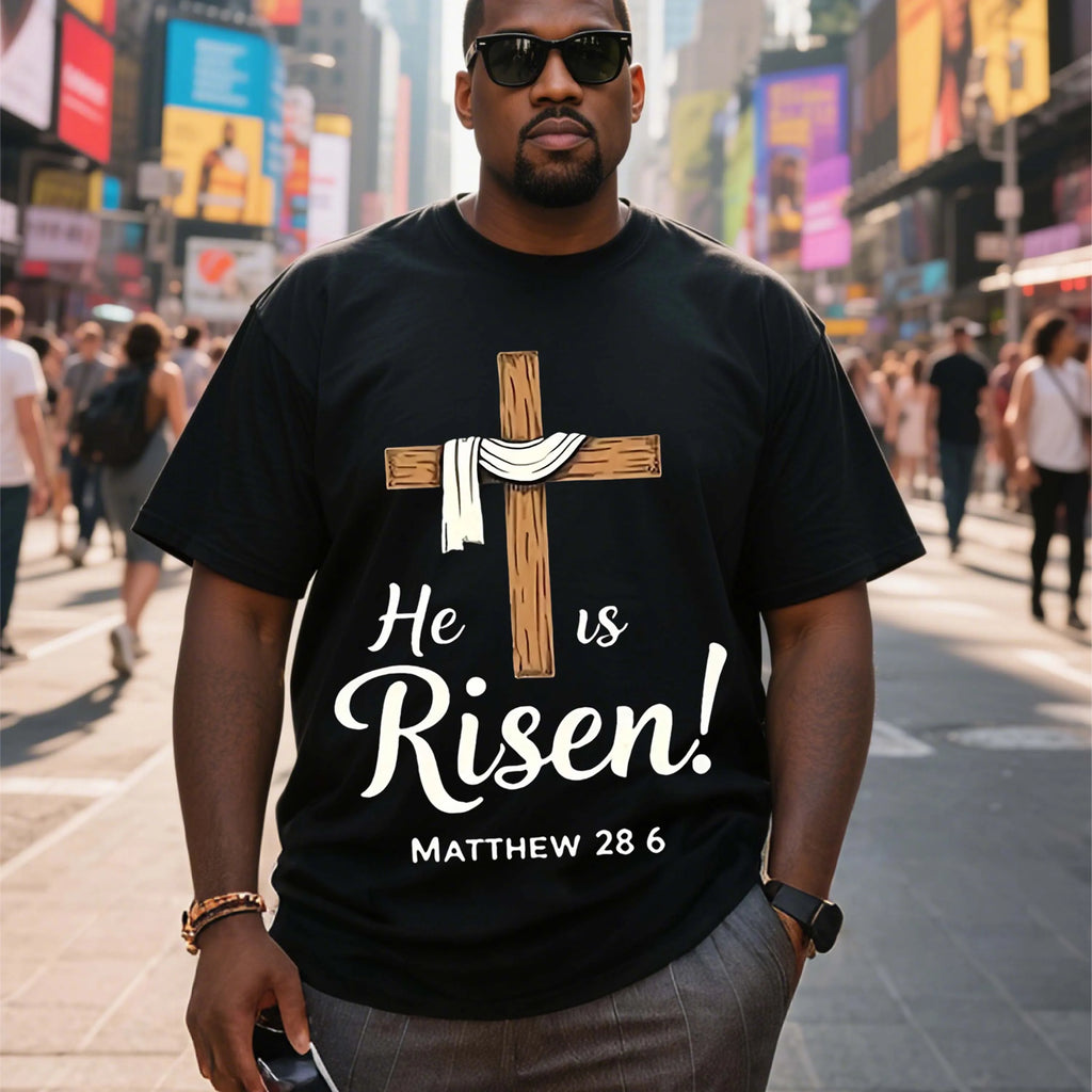Plus Size Black Short Sleeve T-Shirt with Cross and "He Is Risen!” Print Suitable for Outdoor Leisure Wear in Summer.