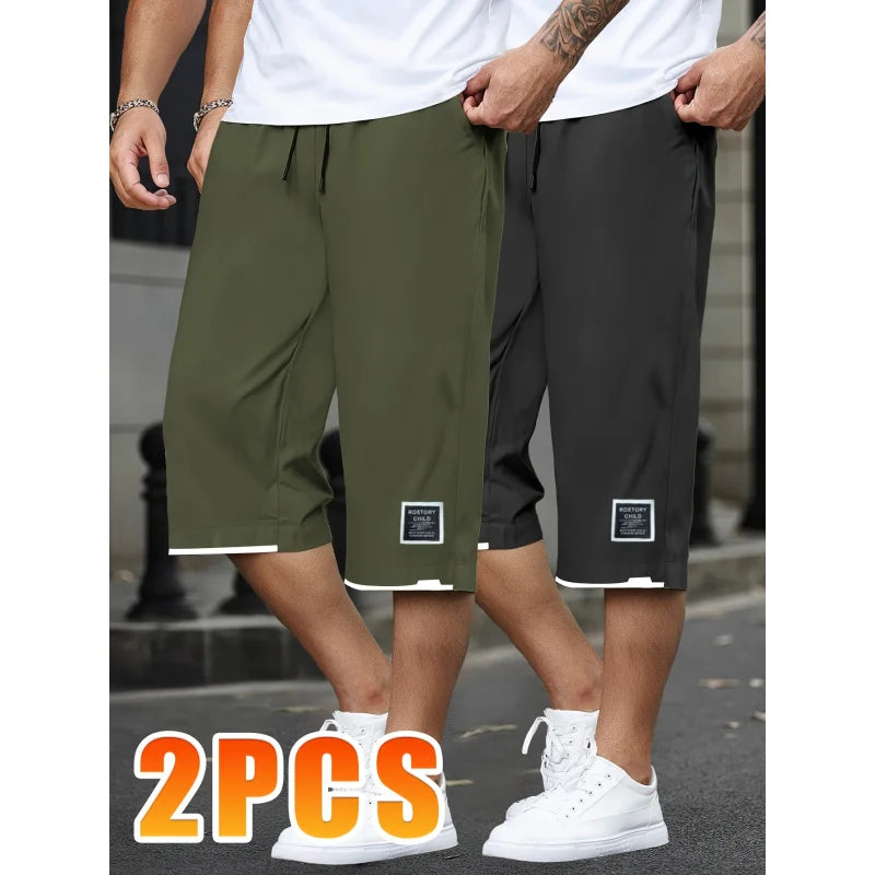 2 Pieces Of Men's Casual Lace-Up Cropped Pants For Summer Outdoor Sports Running Gym Ventilate Baggy Shorts Beach Clothes Man