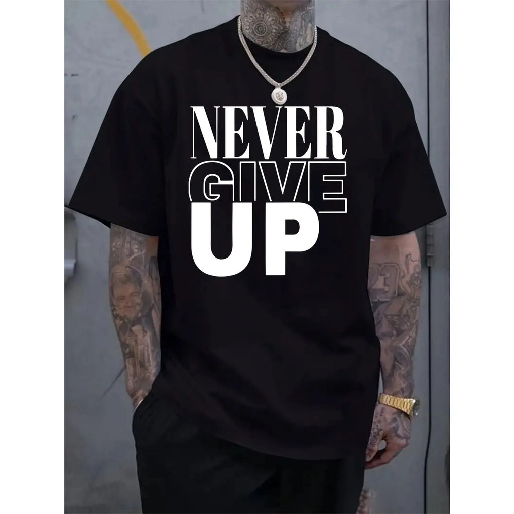 Men Cotton T Shirt Casual Summer Short Sleeve Motivational Letter Print Never Give Up Graphic Streetwear Top Comfortable Fashion