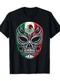 Men's Lucha Libre-Inspired Cotton T-Shirt with Mexico Flag & Skull Print - Casual Crew Neck