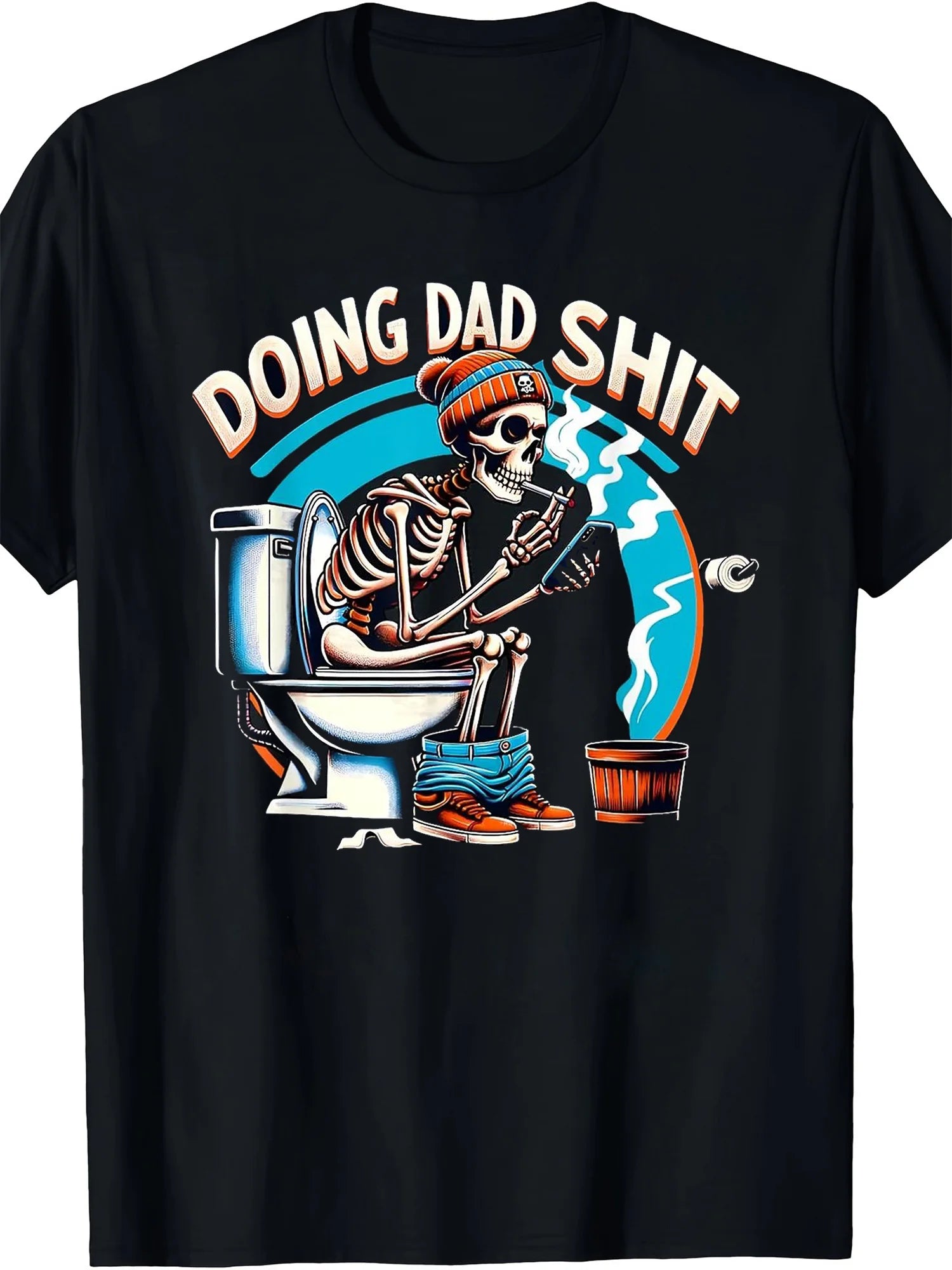 Humorous Skeleton Dad Graphic T-Shirt 'Doing Dad Shit' Design with Smoking Skeleton & Toilet Scene - Perfect for Father's Day,