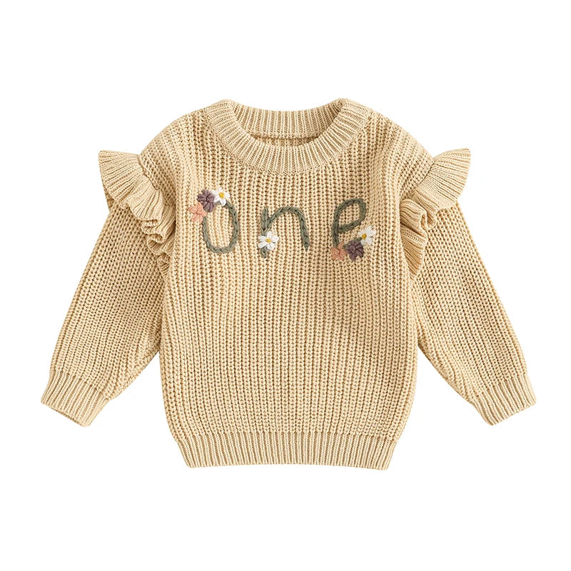 2024-05-23 Lioraitiin Newborn Baby Girl Birthday Sweater Casual Floral Letter Embroidery Warm Knitted Pullover Infant Knitwear