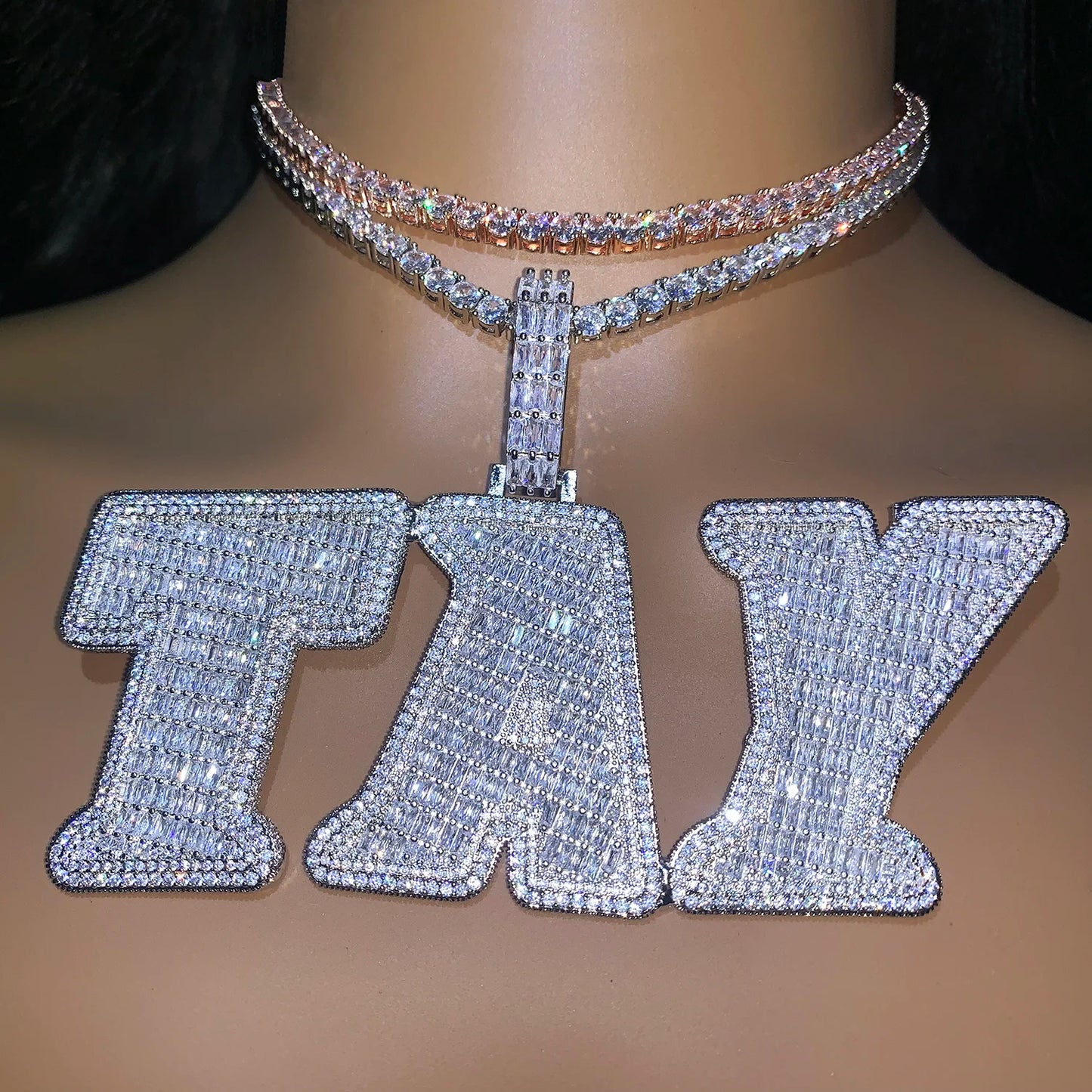 CUC Two Layer Big Letter Pendant Custom Name Necklace For Men Women Gold Silver Color Baguette Zircon Hip Hop Chain Jewelry 2024