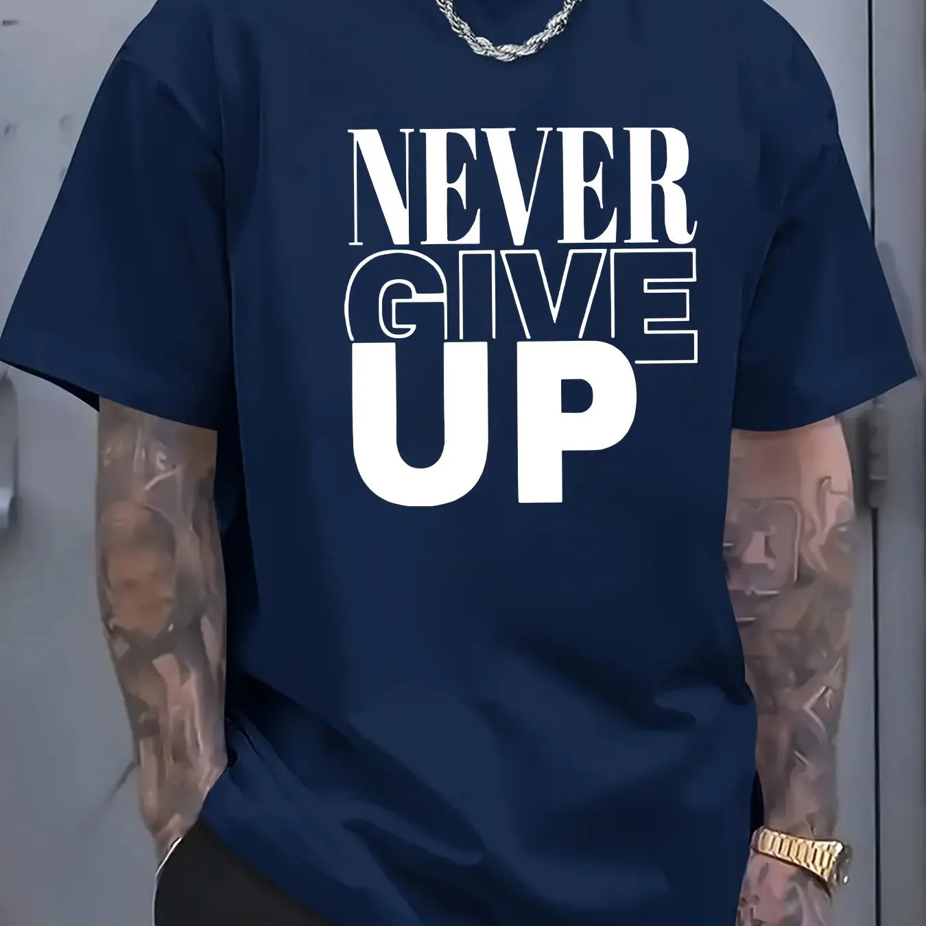 Men's summer 100 cotton fashionable casual sports loose Never give up letter printed round neck short sleeved T-shirt top