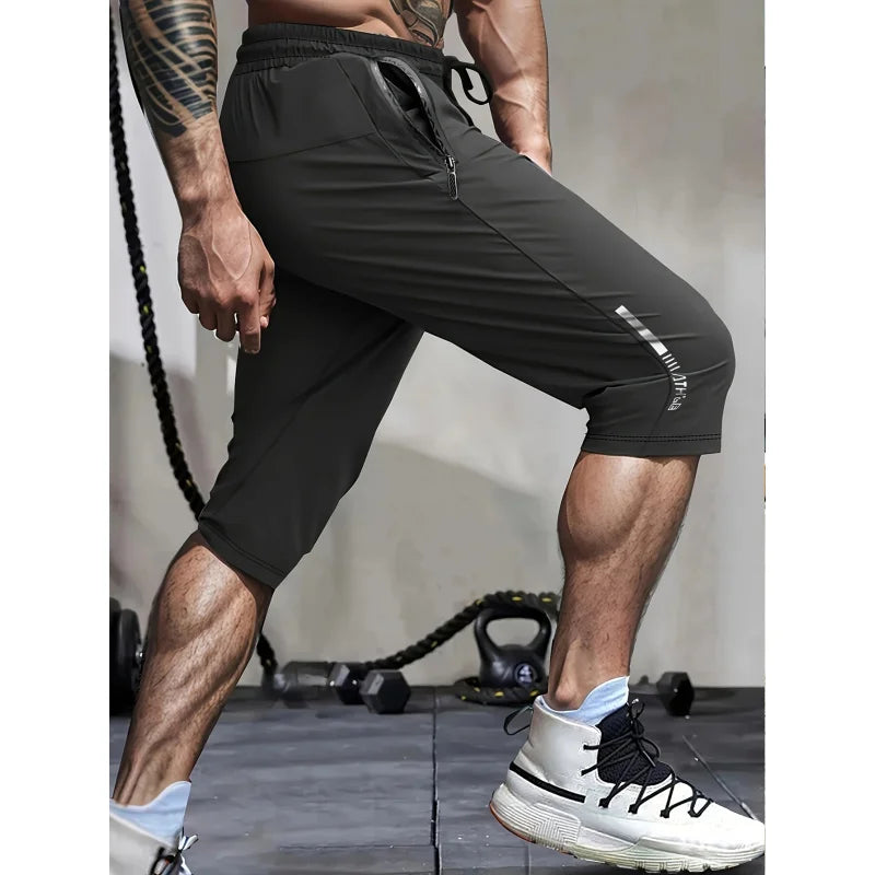 Men's Summer Casual Sports Shorts High Elastic Waist Drawstring Cropped Pants Seven Running Basketball Beach Sweatsuit Black