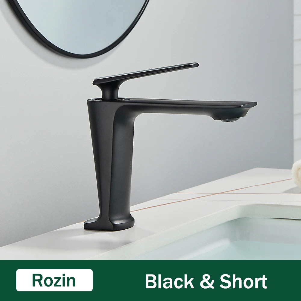 Rozin Matte Black Basin Faucet Deck Mounted Brass Bathroom Sink Faucets Single Lever Bathroom Crane Hot Cold Water Mixer Taps