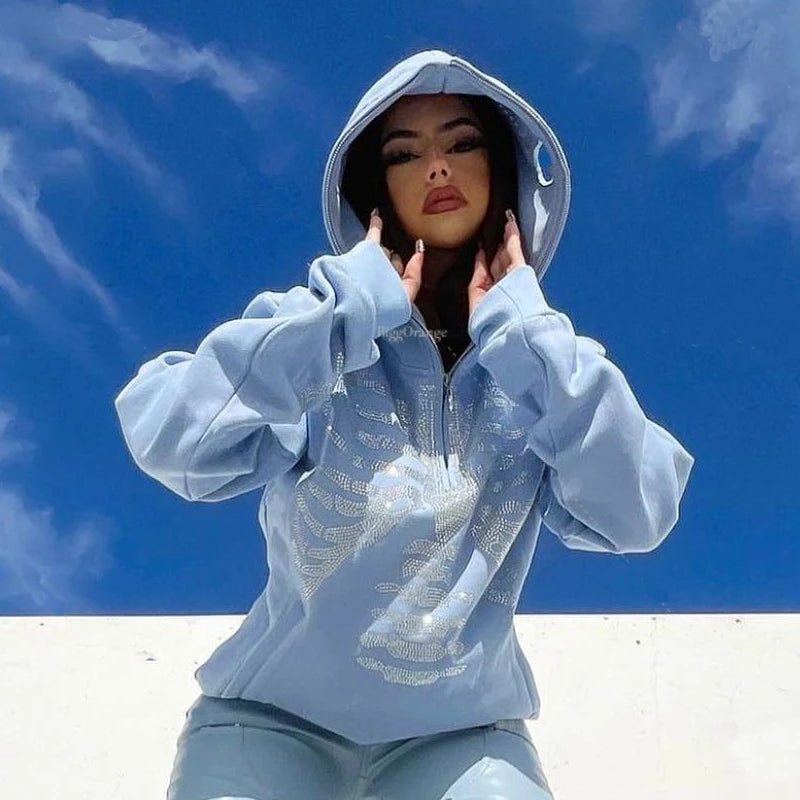 Gothic Long Sleeve Rhinestone Skeleton Hoodie Y2k Jacket Men Hoodies Oversized Full Zip Hoodie Goth Sweatshirt Sport Coat Autumn