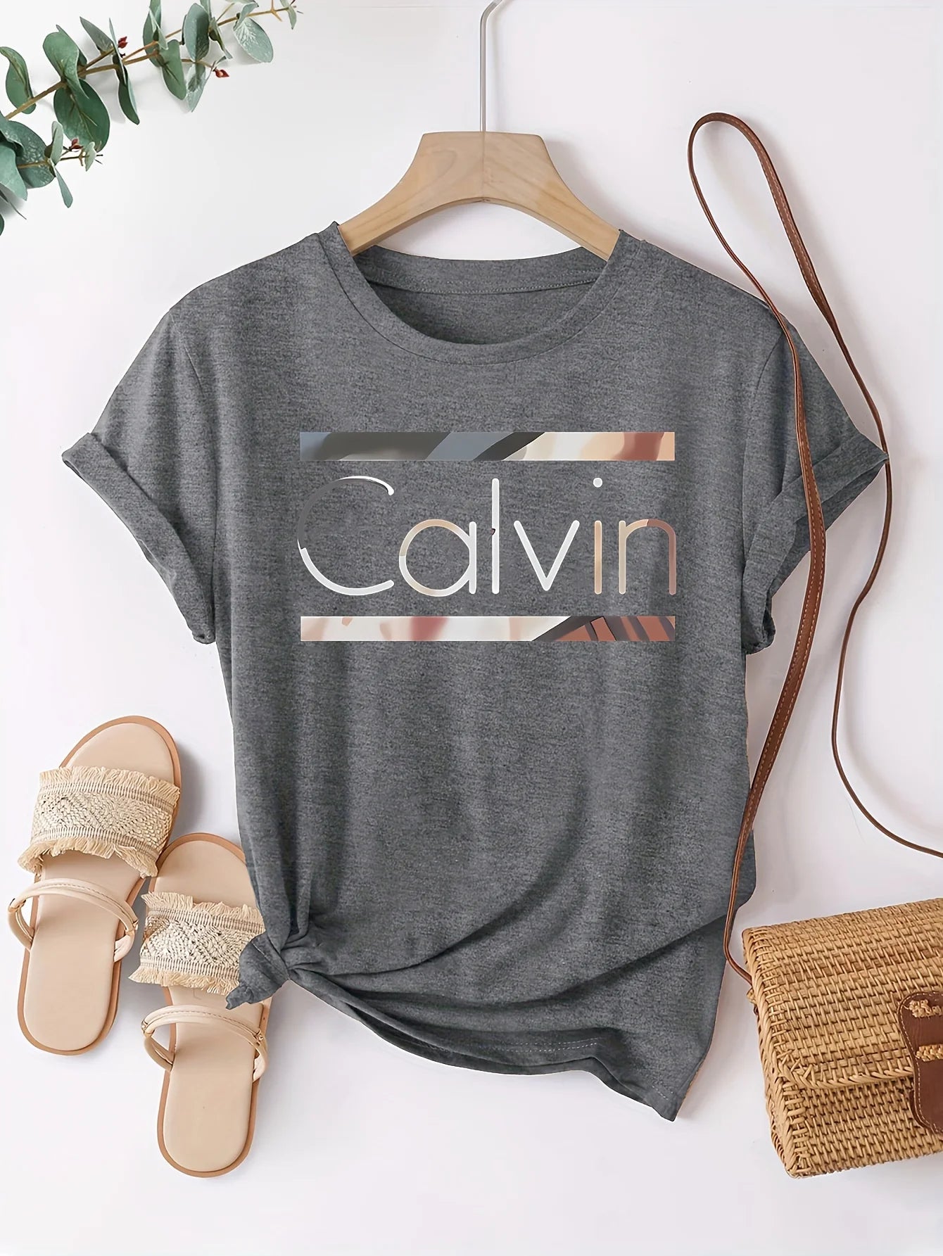 Women's Summer 100% Cotton Fashion Casual Calvin Letter Pattern Printed Loose Round Neck Short Sleeve T-shirt Top
