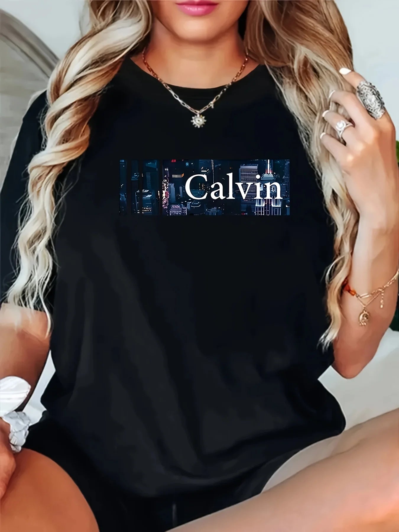 Summer women's fashionable casual loose Calvin letter pattern printed round neck short sleeved comfortable T-shirt top