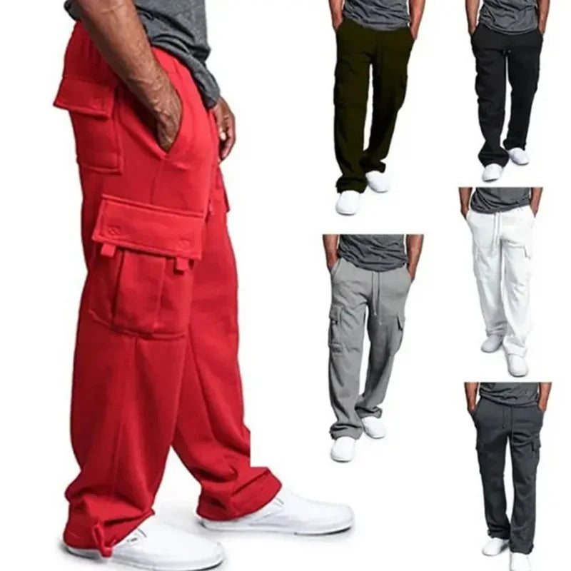 Mens Sweatpants Straight Fit Joggers for Sports and Streetwear Loose Oversized Drawstring Long Pants Men Multi-Pocket Pants
