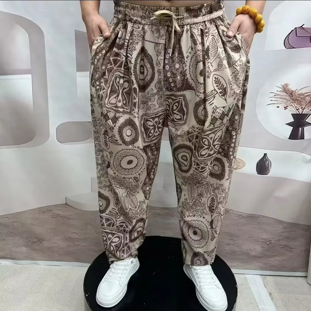 High-End Casual Harem Pants for Men Loose Comfortable Slimming Printed Polyester Fiber Summer Cool Sensation Faion Brand