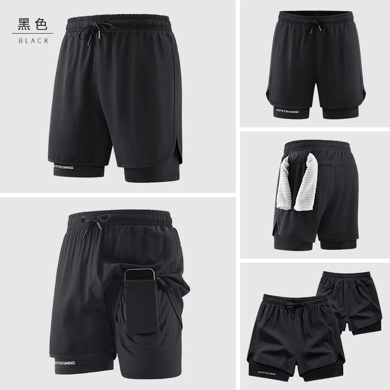 Men's Double Layer Fitness Shorts Men Fitness Gym Training 2 in 1 Sports Shorts Quick Dry Workout Jogging Double Deck Summer