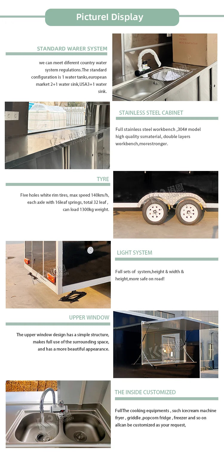 Stainless Steel Food Trailer Outdoor Sale Taco Hot Dog Cart Street Mobile Kitchen Food Trailer Business Food Kiosk Ice Cream Car