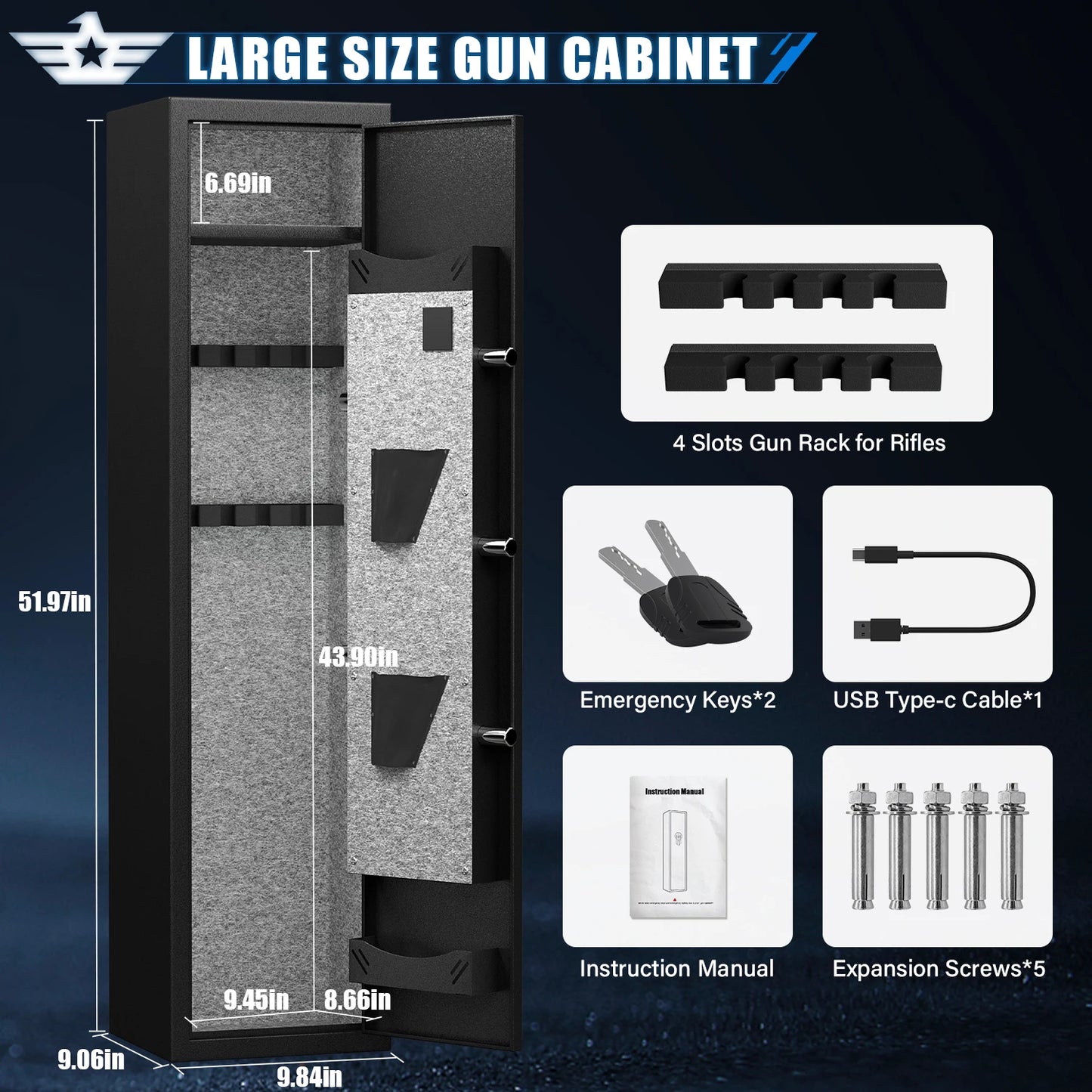 Kavey Biometric Fingerprint Gun Safe, Quick Access Gun Cabinets with LED Light, Adjustable Gun Rack and Removable Shelf