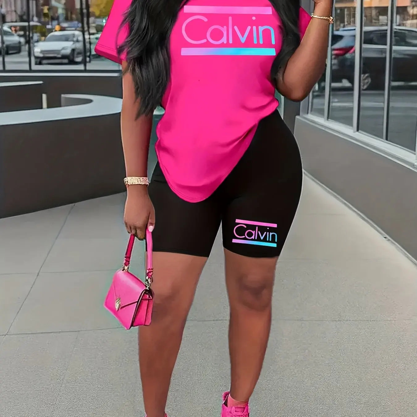 Women's summer casual loose and fashionable Calvin print round neck short sleeved T-shirt+shorts two-piece set