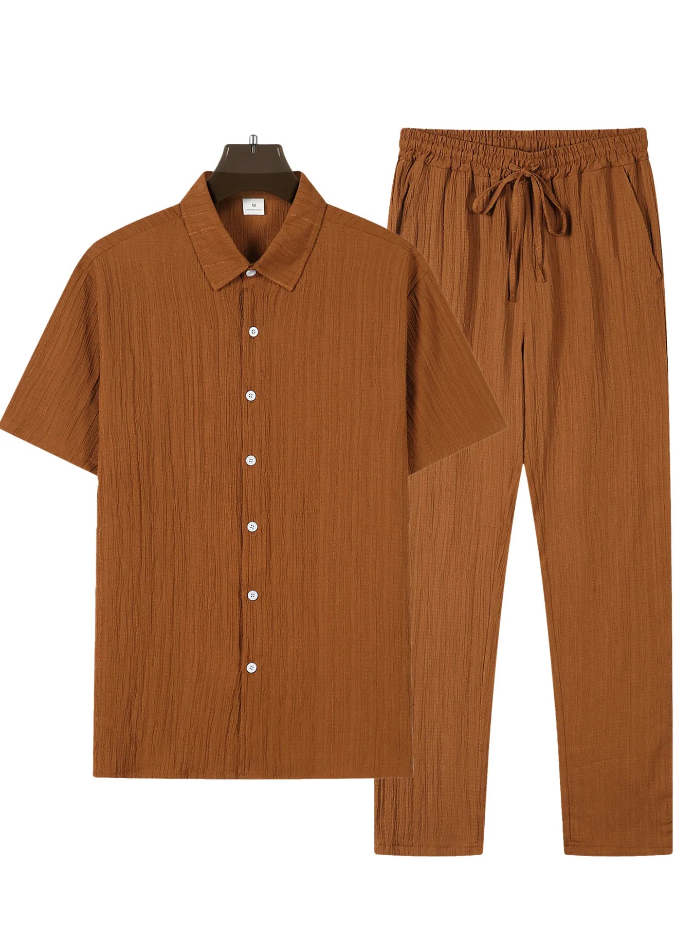 2024 Summer New Men's Solid Color Simple Short Sleeved Shirt And Pants Set Casual Home Comfortable Top And Pants Two-piece