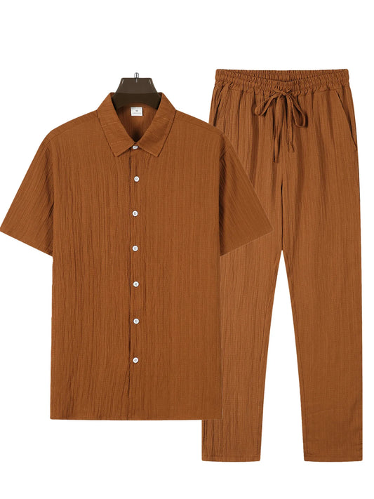 2024 Summer New Men's Solid Color Simple Short Sleeved Shirt And Pants Set Casual Home Comfortable Top And Pants Two-piece
