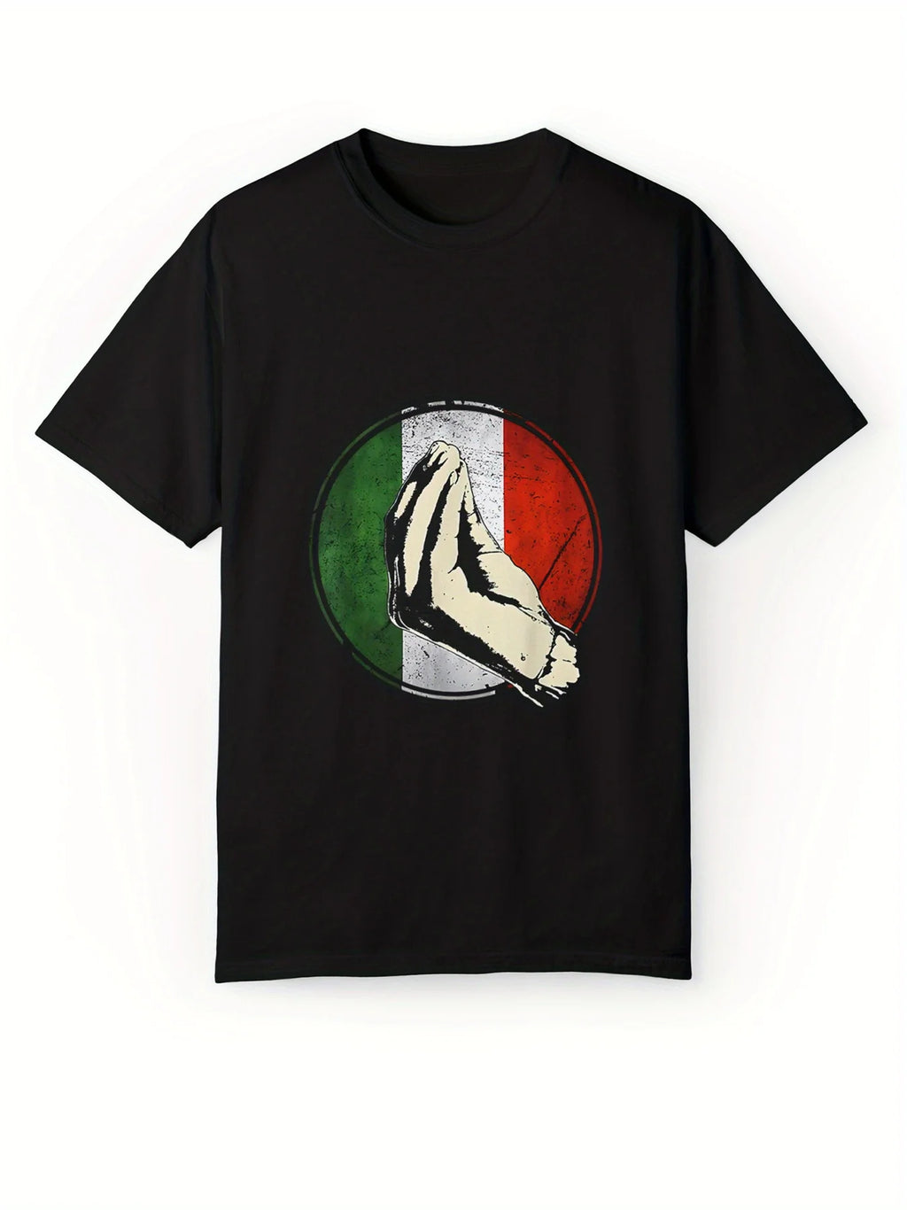 Men's Italian Flag-Inspired Prayer Hands Graphic T-Shirt - Casual Black Cotton Tee with Short Sleeves