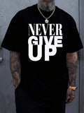 Men's Never Give Up Pattern-Shirt - Cotton, Soft And Comfortable, Red Bold Black Letter Print, Casual Summer Outdoor-Shirt