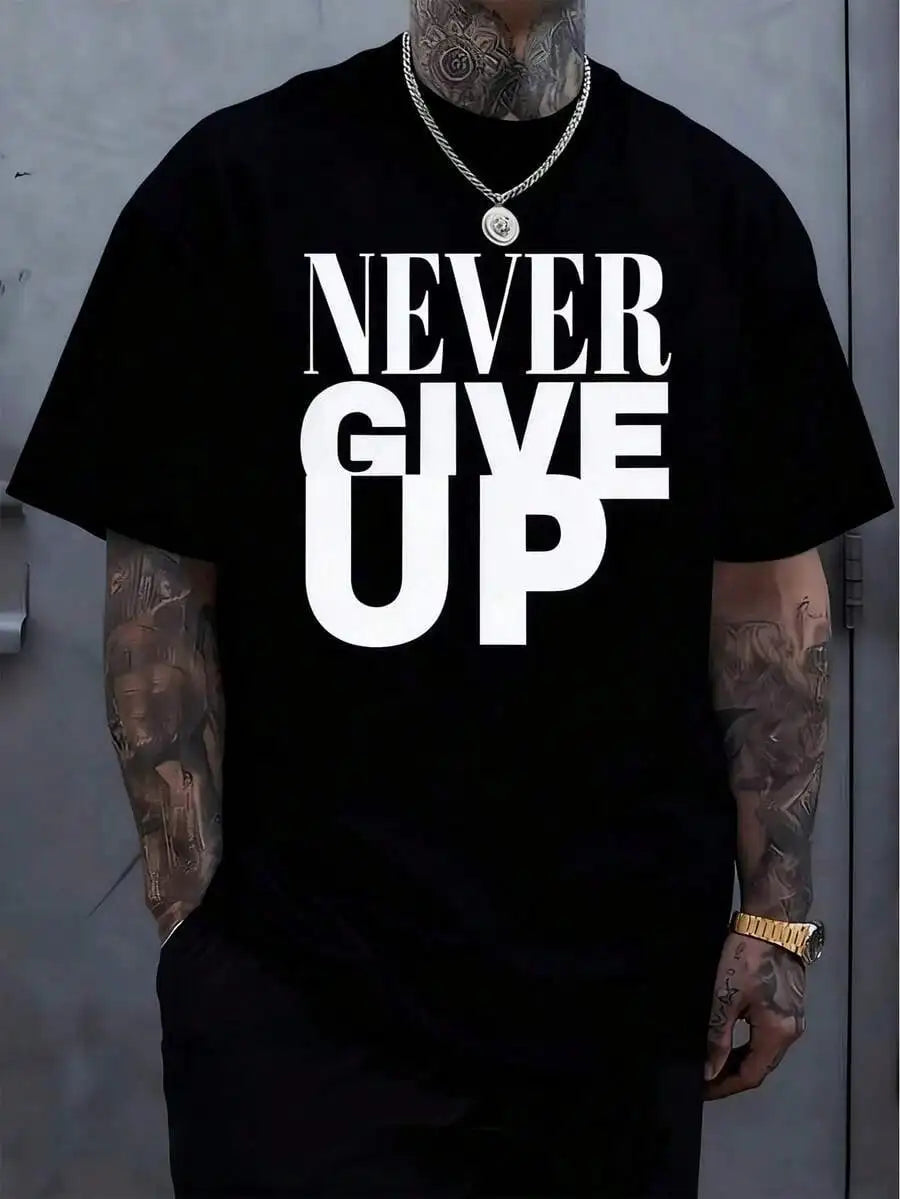 Men's Never Give Up Pattern-Shirt - Cotton, Soft And Comfortable, Red Bold Black Letter Print, Casual Summer Outdoor-Shirt