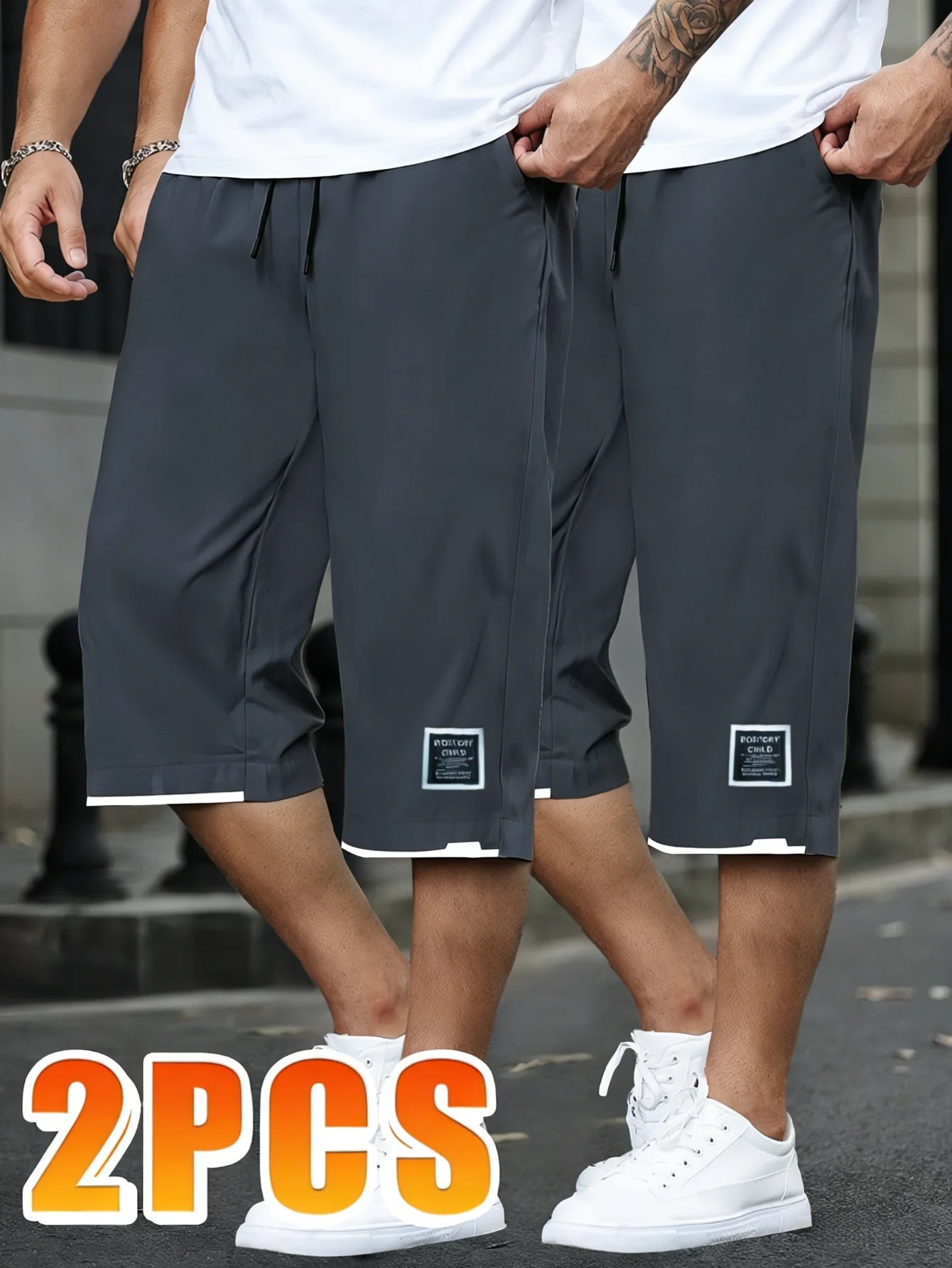 2 Pieces Of Men's Running Casual Lace-Up Cropped Pants Summer Outdoor Sports Basketball Shorts Ventilate Sweatsuit Beach Gym