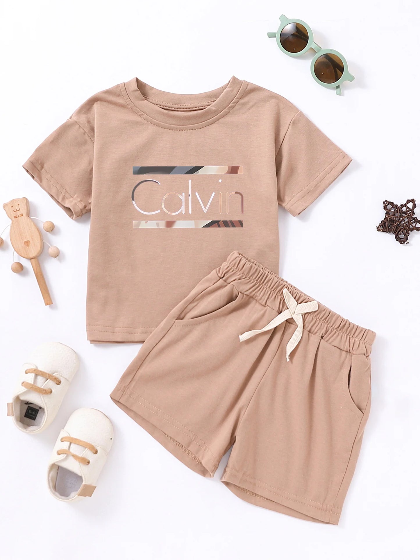 Children Calvin Letter Print Suits Cotton T-shirts + Shorts 2PCS Clothes Sets Boys Girls Fashion Outfits 1-7Y