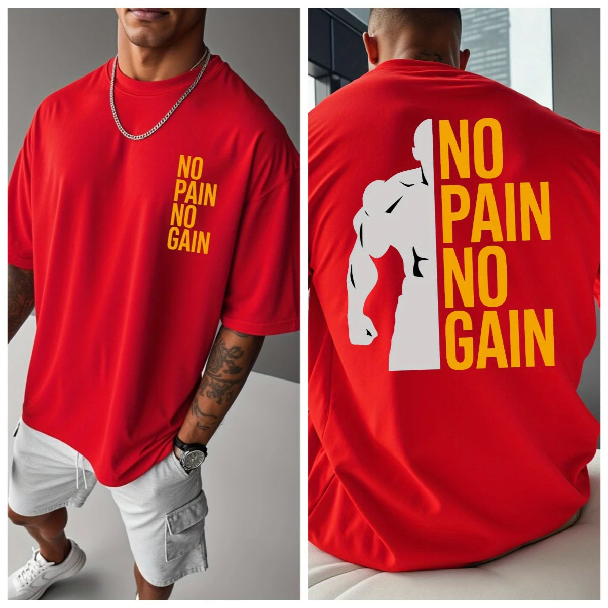 Men's Women NO PAIN NO GAIN GYM T Shirt Cotton Tee Streetwear Oversize Summer Sports Fashion Loose Top Short Sleeve Breathable