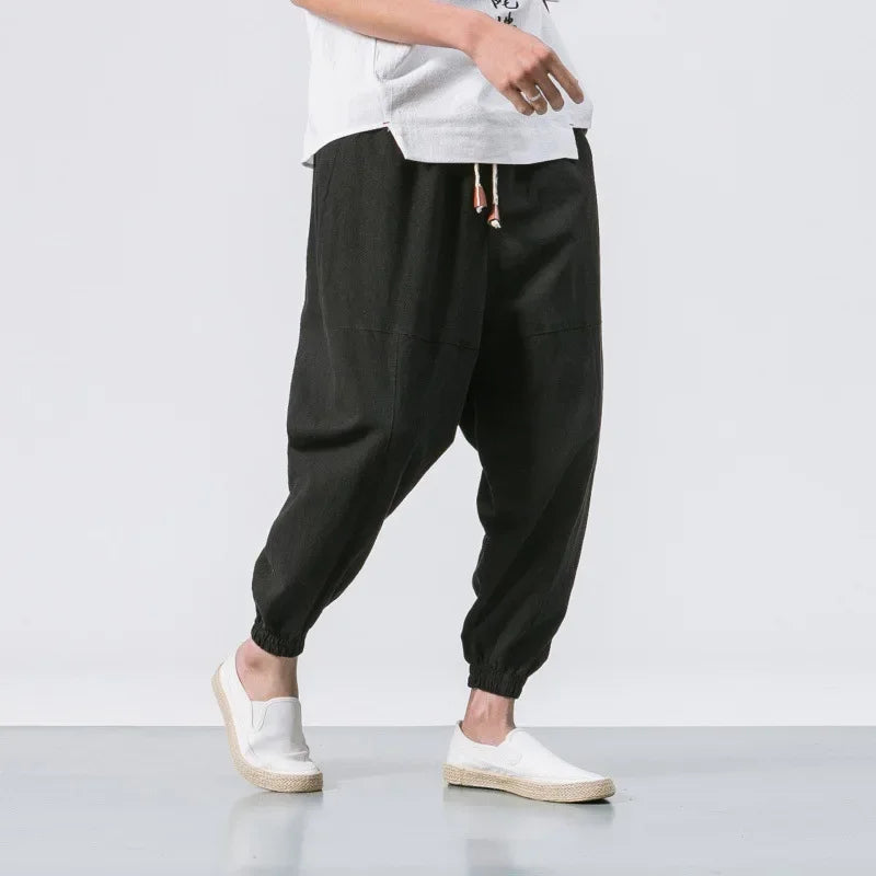 2024 Japanese Style Cotton Linen Pants Plus Size Chinese Style Men's Casual Pants Youth Fashionable Small Feet Harem Pants Whole