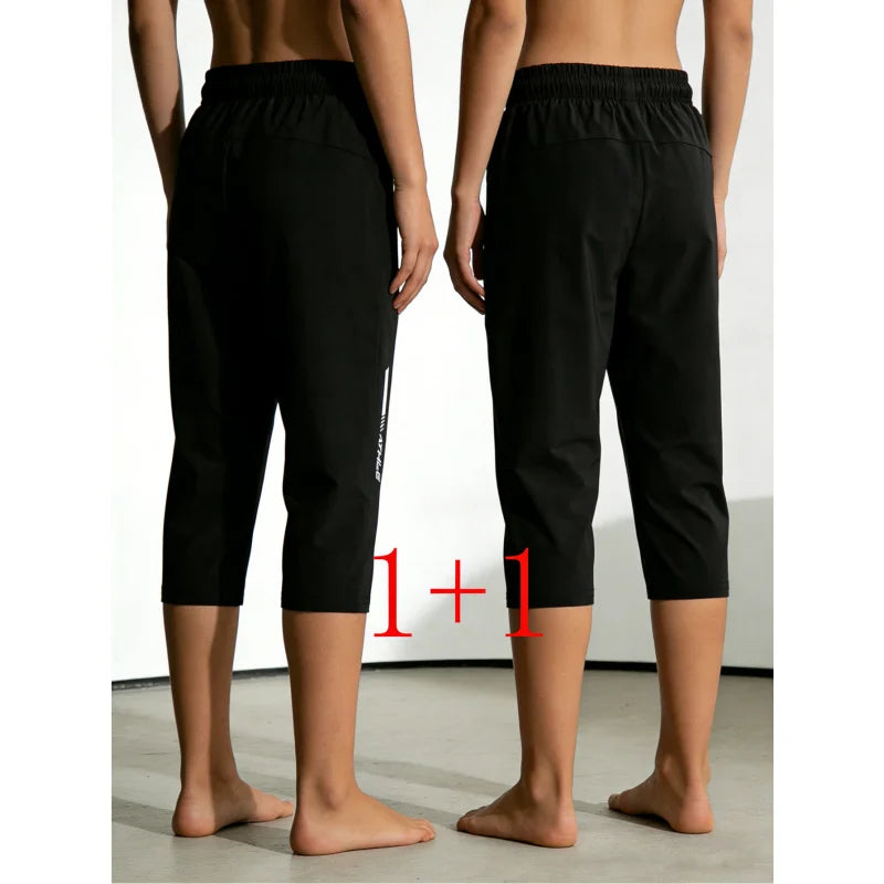 2 Pieces Men's High Stretch Solid Color Cropped Pants With Drawstring Waistband Sweatpants Shorts Clothes Summer Gym Short Man